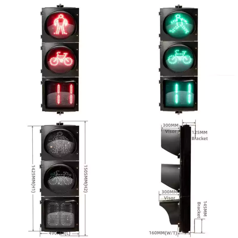 400MM(16Inch) 3-Aspect Pedestrian Bicycle Signal LED Traffic Light With Countdown Timer